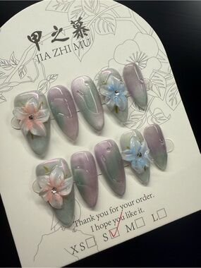 3D Flower Pastel Gradient Floral Press-On Nail Set - Pink & Blue Small